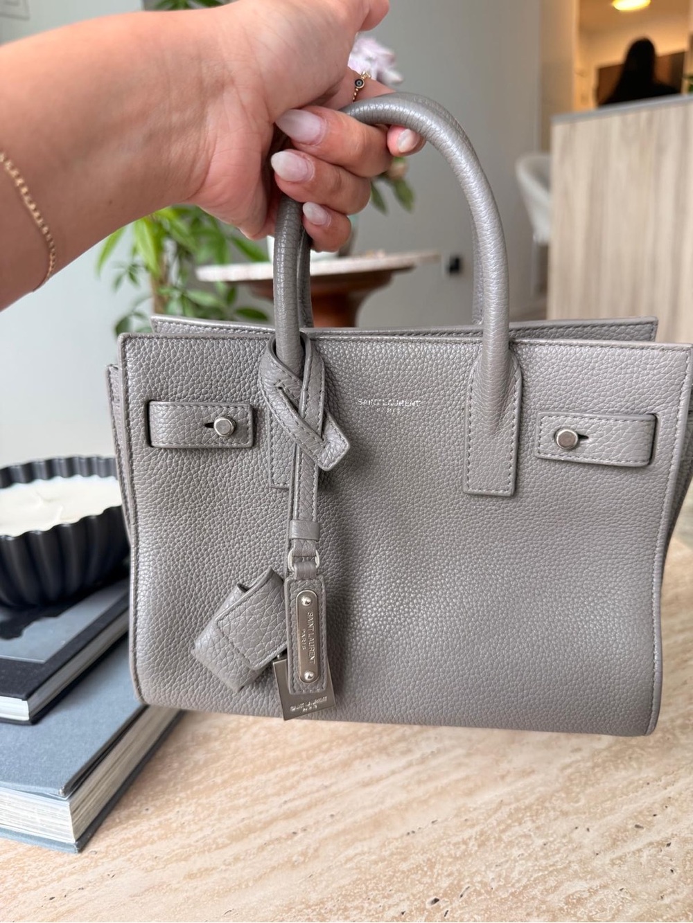 SAINT LAURENT sac du jour — Gray Leather Top-Handle Tote, leather strap inside
